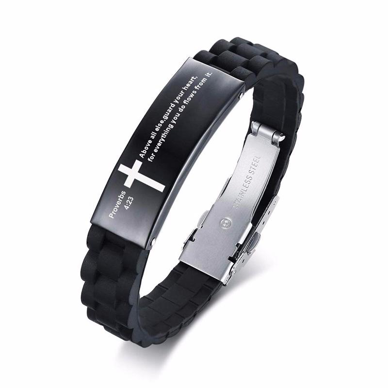 Vnox Religious Cross Jesus Scripture Quote Christian Bible Verse Inspiring Faith Silicone Bracelets for Men Personalize
