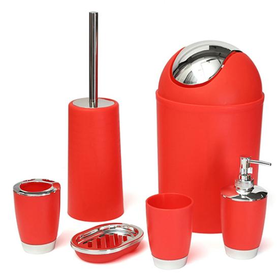 

6 Pcs Bathroom Accessory Bin Soap Dish Dispenser Tumbler Toothbrush Holder Set красный