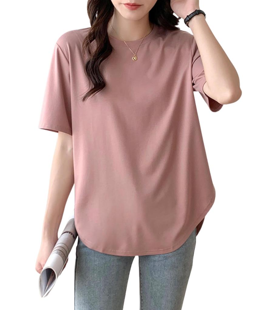Stretch Short Sleeve Solid Fall Rose C&CL Women's T-Shirt Blouse, Color, Casual, Business, Summer, Spring, (JP, Alphabet, M, Pink)