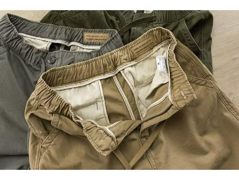 American Retro Khaki Cargo Shorts - Mid-Length, Elastic Waist, Casual Drawstring, Trendy Men's Summer Pants