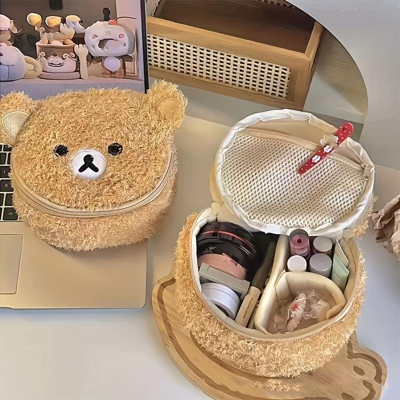 Adorable 3D Bear Makeup Bag with Embroidery & Mesh Pocket. Portable Travel Toiletry Organizer for Women.