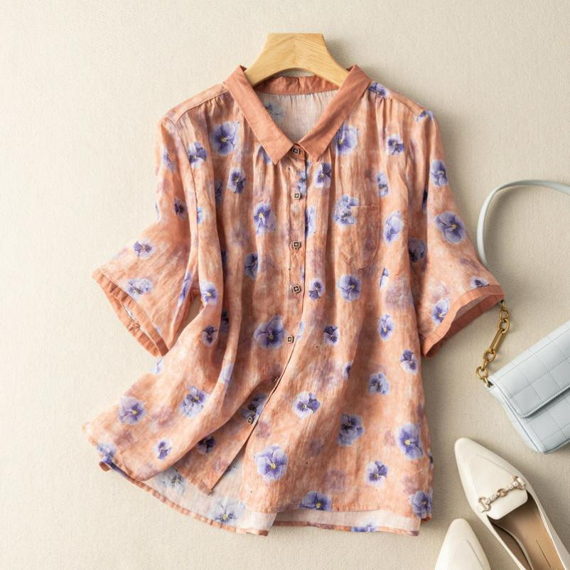 

Retro Printed Cotton and Linen Short-sleeved Shirt, Summer Temperament, Thin Linen Ladies Top 2XL рожевий