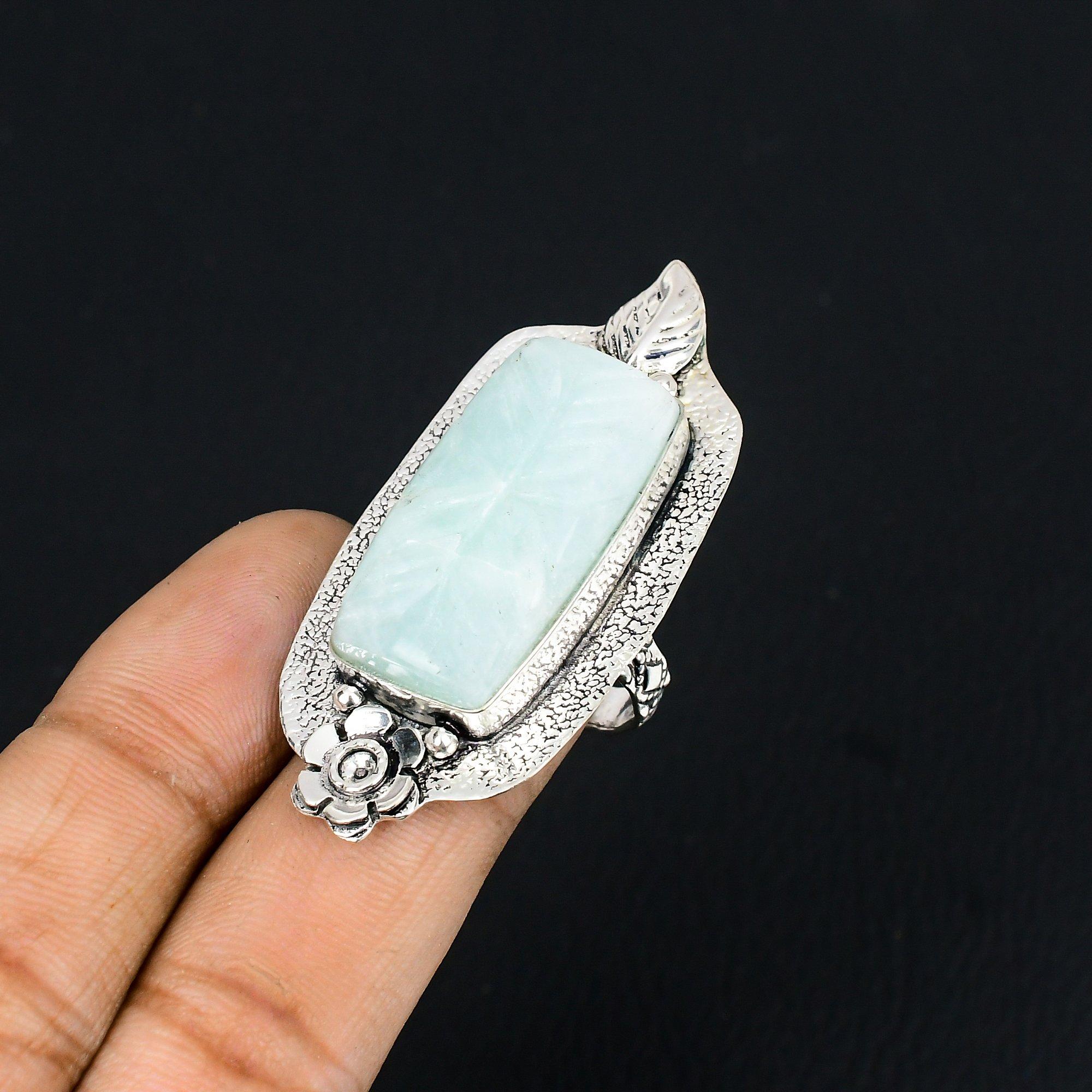 Gift For Her 925 Silver Natural Carved Amazonite Stackable Flower Ring Size 7.5 7.5