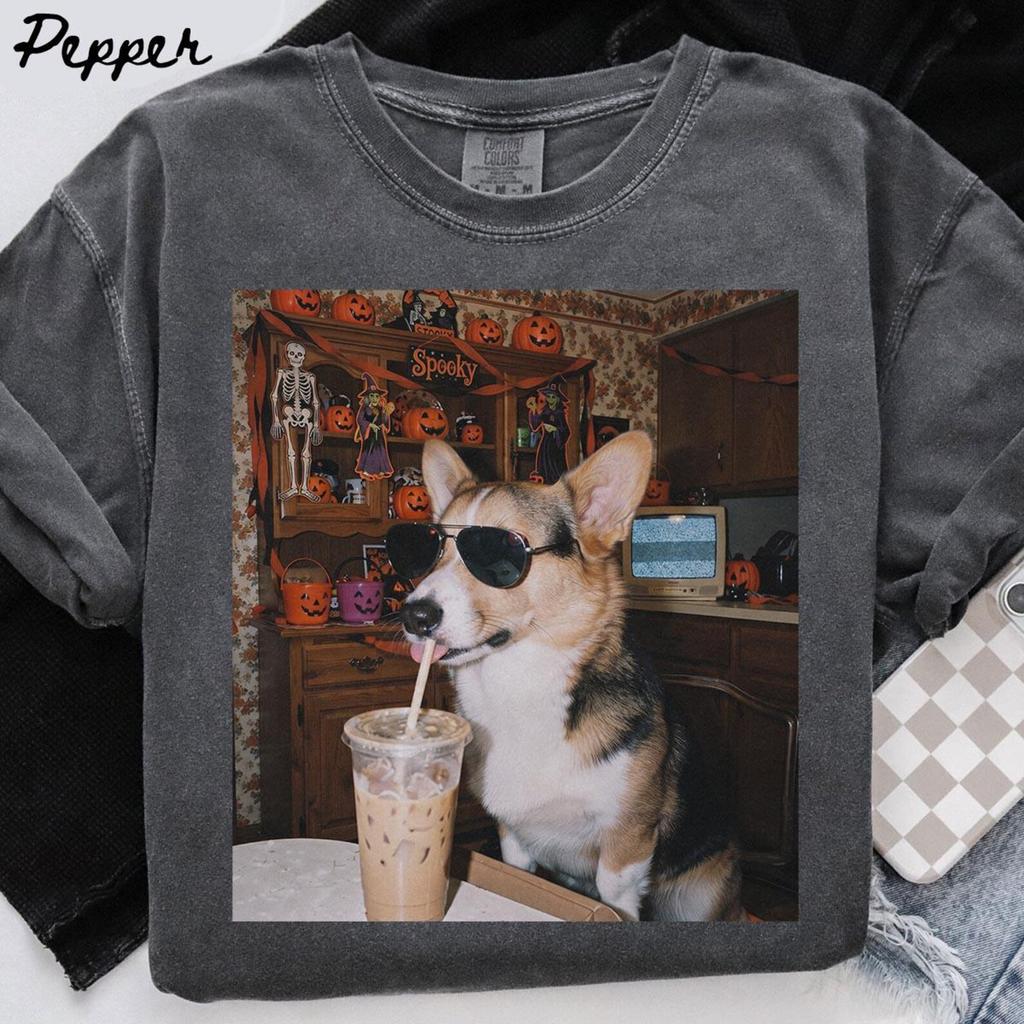 Corgi Dog Halloween Comfort Colors Shirt, Iced Coffee Dog Mom T-shirt, Funny Mothers Day Gifts, Dog Mama Tee, Trendy Pet Tshirt