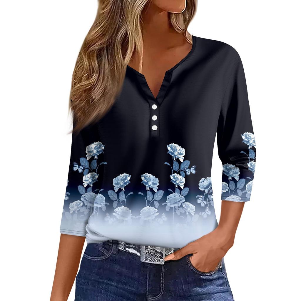 Damen T-Shirt mit Aufdruck, Knopfleiste, 3/4-Ärmel, für den Alltag, Wochenende, Basic, V-Ausschnitt, normales Oberteil