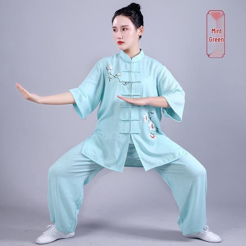 

Hongqing Women s Cotton Linen Print Tai Chi Suit - Summer Short Sleeve Wushu Uniform, Chinese Style S