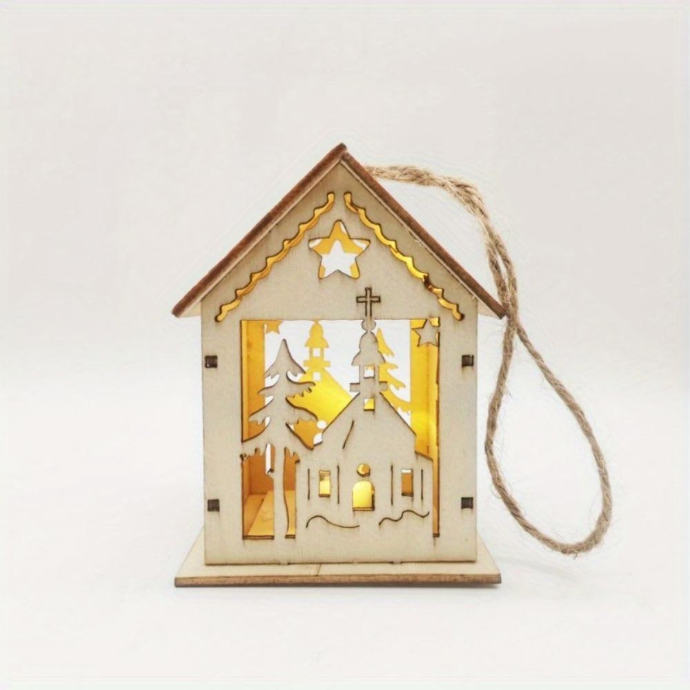 1PC Christmas Wooden Crafts Wooden Christmas Small House Cabin Lighting Ornaments Pendant Christmas Tree Decoration