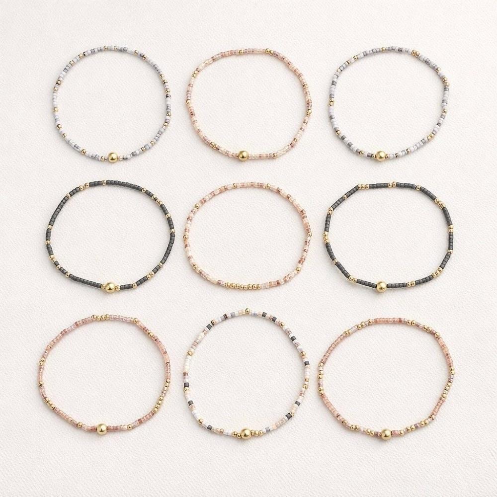 9pcs Set Multi-Layer Handmade Bracelet Set Elastic Bead Bangle Set Women Daily Wear