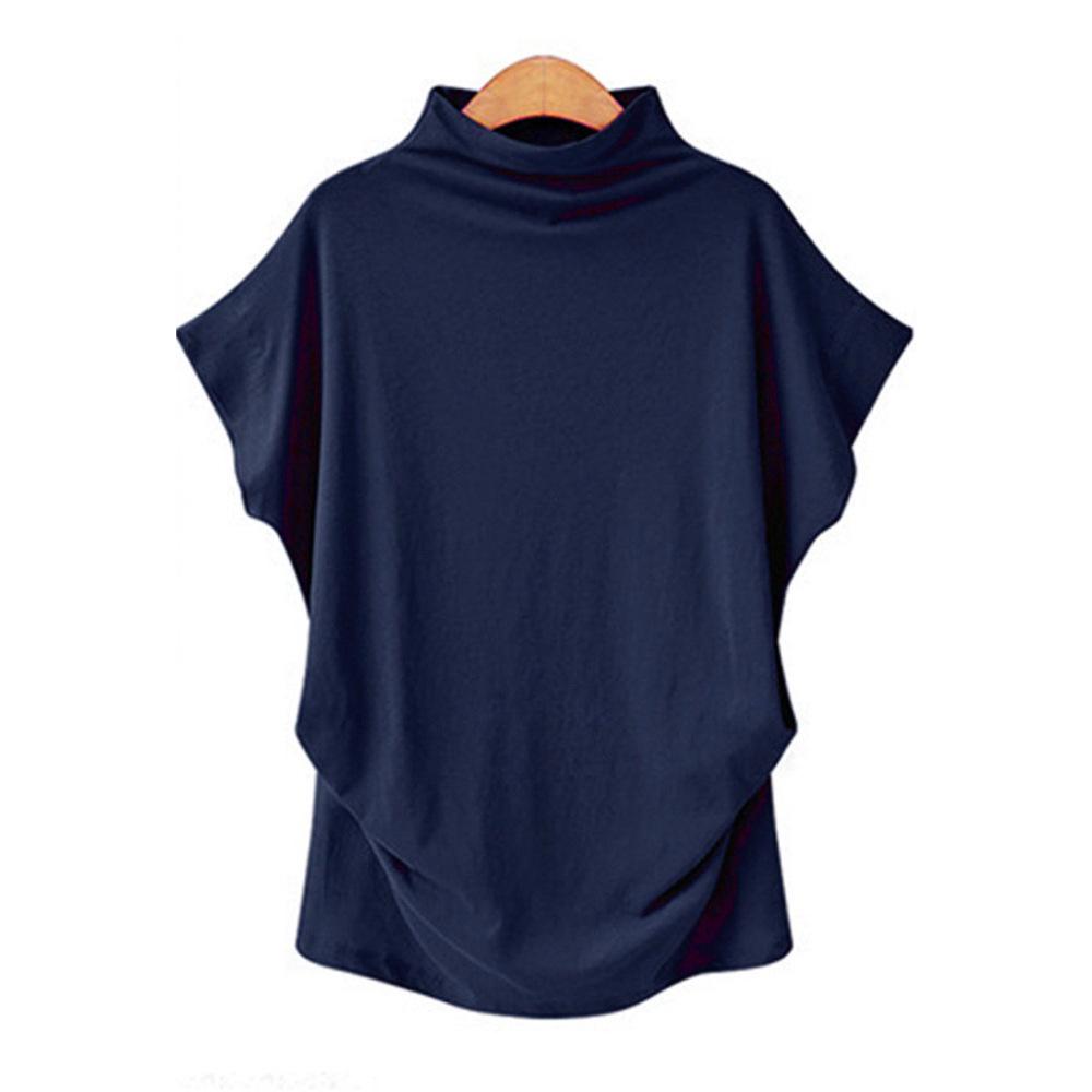 Plus Size Women's Solid Batwing Sleeve T-Shirt - Half-High Collar, Loose Fit, Polyester-Cotton Blend, Short-Sleeve