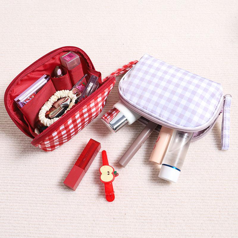 Cute Red Purple Plaid Handbag Zipper Travel Portable Cushion Case & Makeup Pouch Small Large Toiletry Cosmetic Bag for Women
