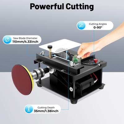 Mini Table Saw 200W-0-90° Adjustable 1.3in Cutting Depth, 7-Speed 3000rpm w/Cold-Rolled Steel Base,for Wood/Metal/Plastic
