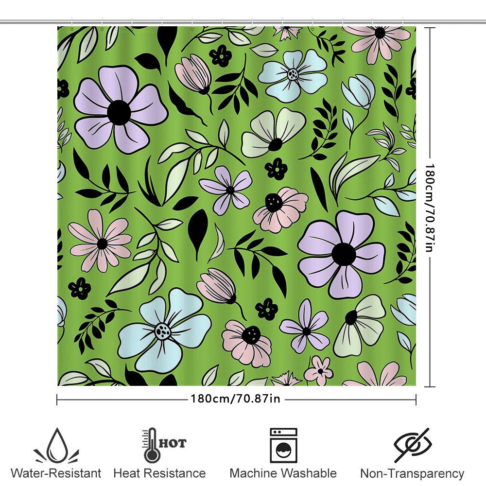 Bright Floral Shower Curtain Green Boho Decor Modern Bathroom Accents