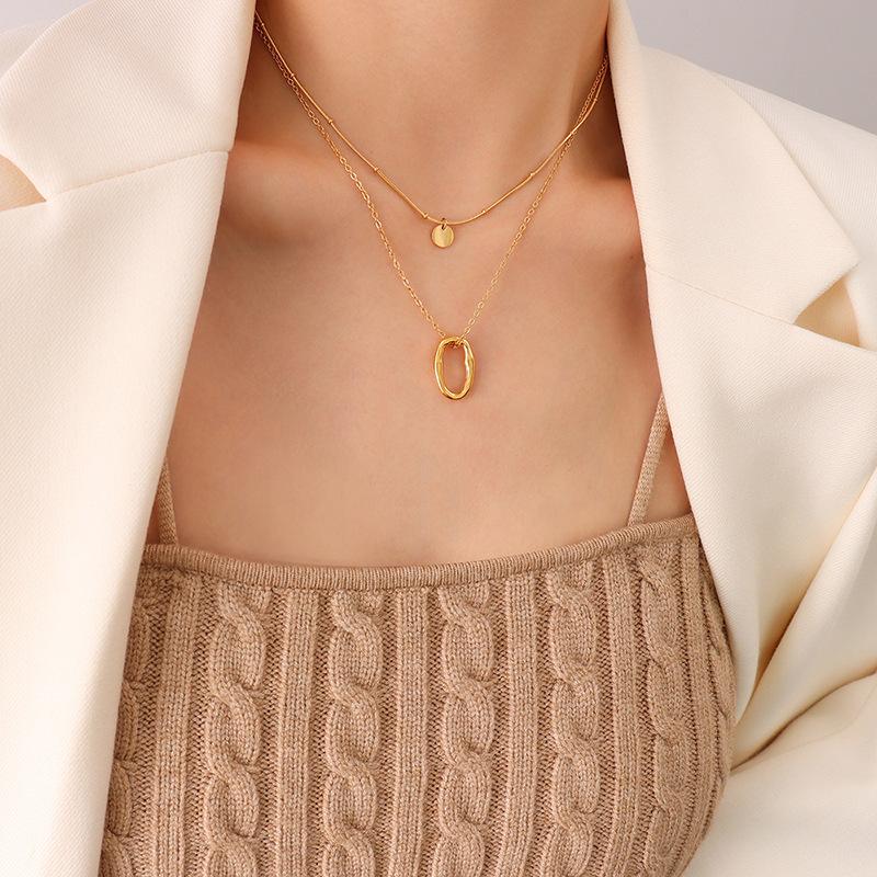 

Стиль Ниша Дизайн Смысл Особая геометрическая форма двухслойное ожерелье из титановой стали серьги комплект ювелирных изделий покрытый 18-каратным настоящим золотом