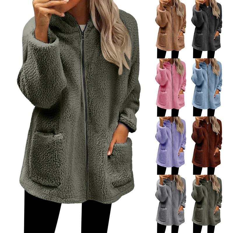 Women S Loose Plush Long Sleeve Hooded Zip Up Cardigan Coat