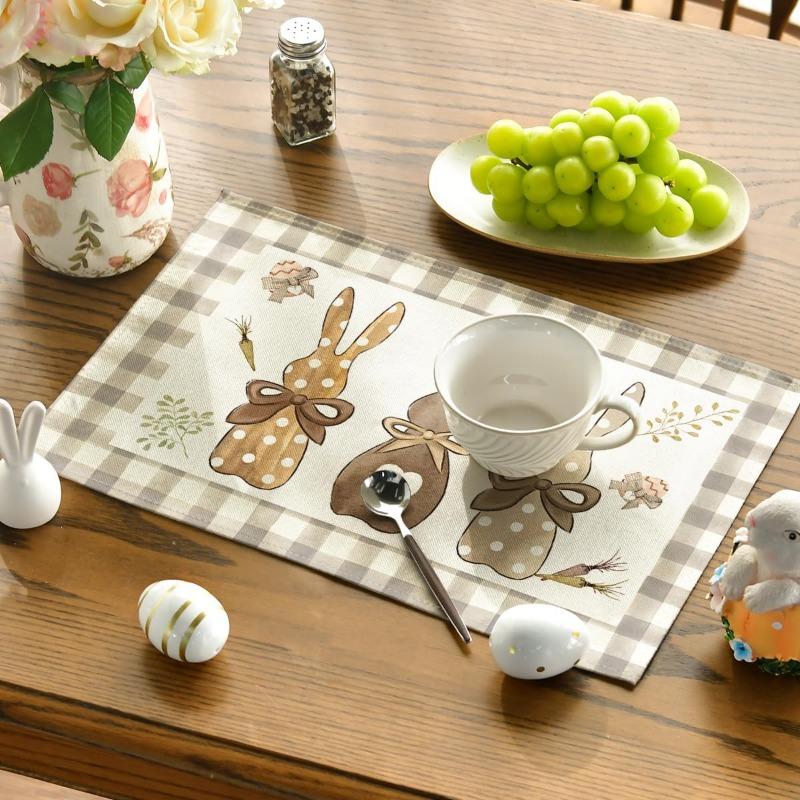 Buffalo Check Rabbit Carrots Easter Set of 1/4 Place Mats, 30 X 45 Cm, Spring Banquet Placemats, Washable Place Mats, Kitchen Party Decoration
