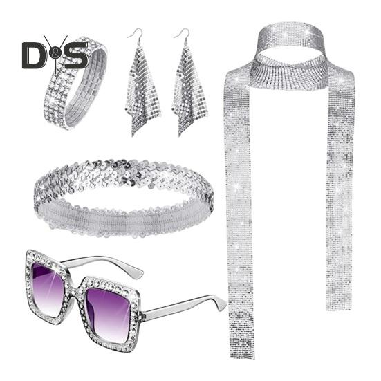 

5 шт./компл. женский комплект ювелирных изделий с блестками и стразами, декор в винтажном стиле 60-х 70-х годов, сувениры для дискотеки, косплей, серьги, солнцезащитные очки, браслет, повязка на голову, шарф, комплект серебряный