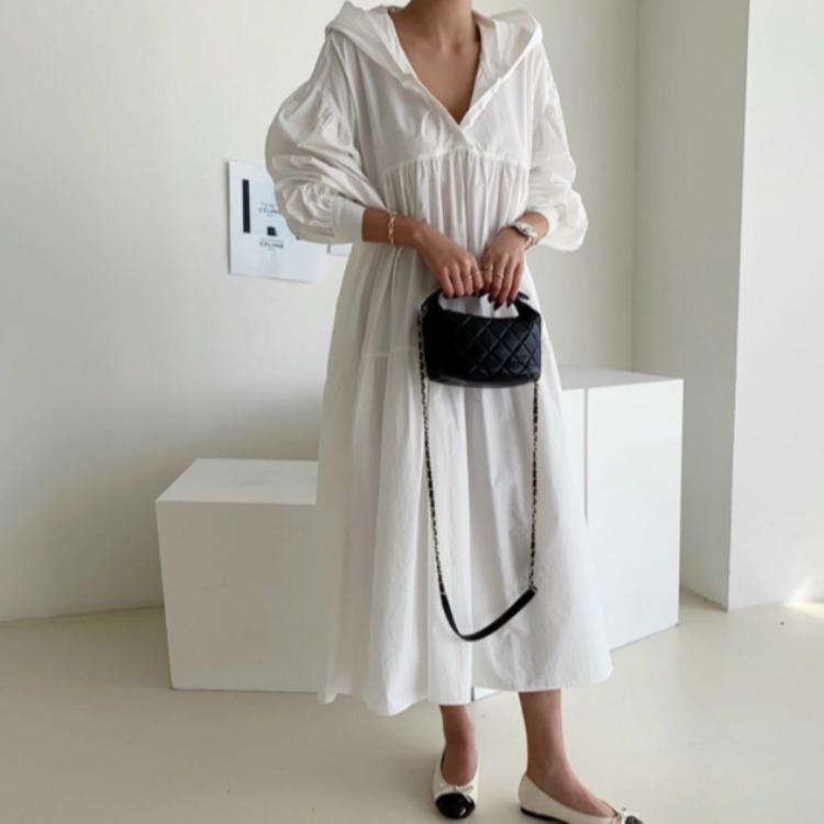 

Женские рубашки оверсайз с капюшоном, платья с пышными рукавами, однотонные, повседневные, свободные, прямое длинное платье, женское, весна-осень One Size белый