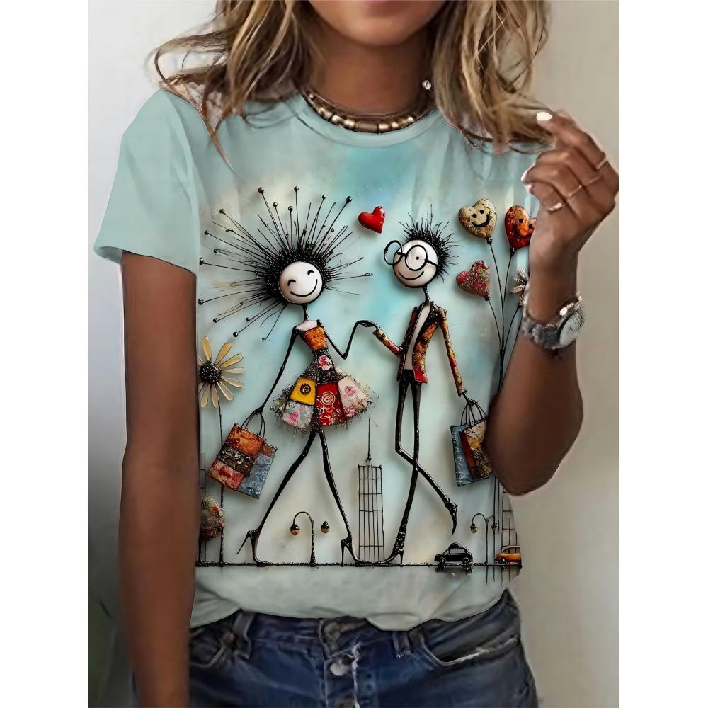 Light Blue Women s Tee - Whimsical Couple Graphic, Quirky Artistic Print Design for Casual Daily Wear M