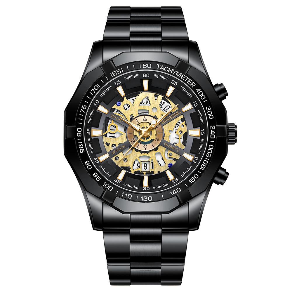 Binbond Skelett Non-Mechanisch Wasserdichte Herrenuhr - Schwarzes Metall & Blaues Design