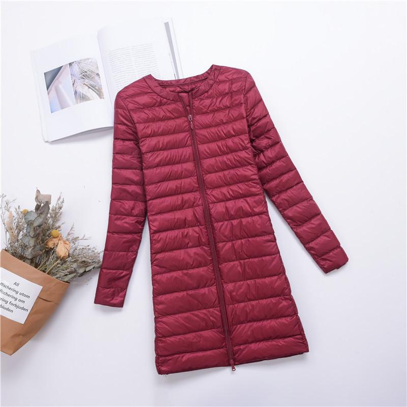 New Down Jacket Women's Light, Medium and Long Fashion and Thin White Duck Down Snap-button Round Neck Warm Liner Jacket