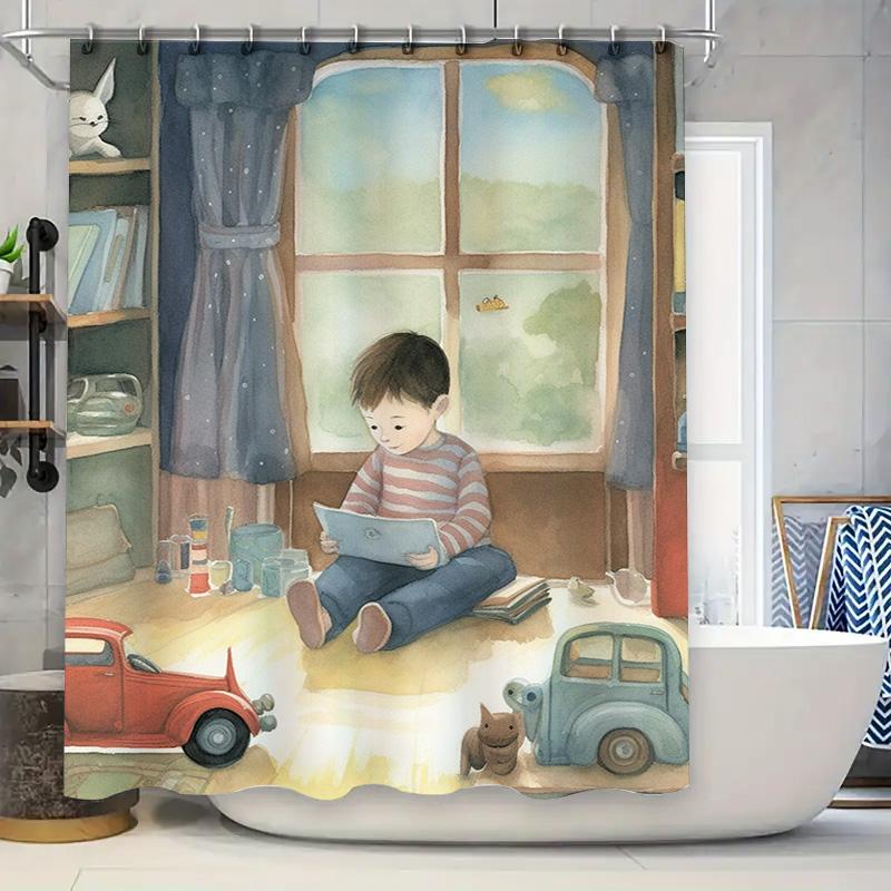 

Boy Reading In Cozy Room Waterproof Shower Curtain W60H190(CM)-1 Pcs