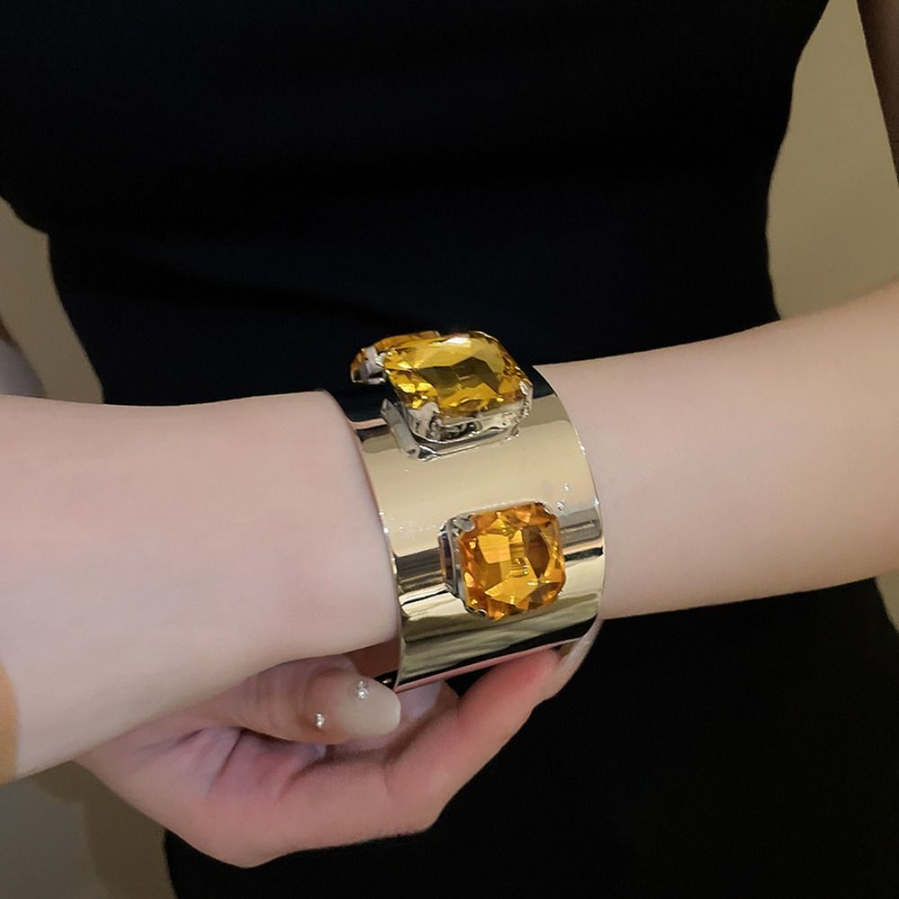 Rhinestone Wide Cuff Bracelet Glossy Metal Open Bangle New Statement Bracelet Daily Wear