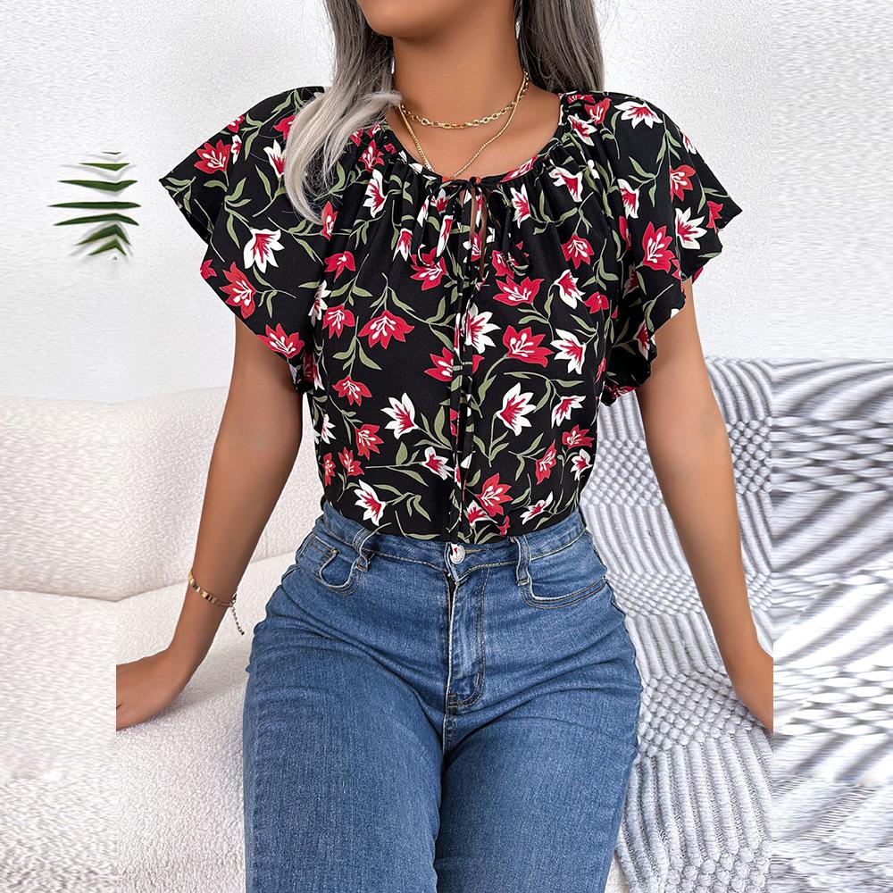 Frauen Frühling Sommer Lose Rüschen Spitze Up Chiffon Top Für Damen O Neck Fliegende Ärmel Floral Blusen