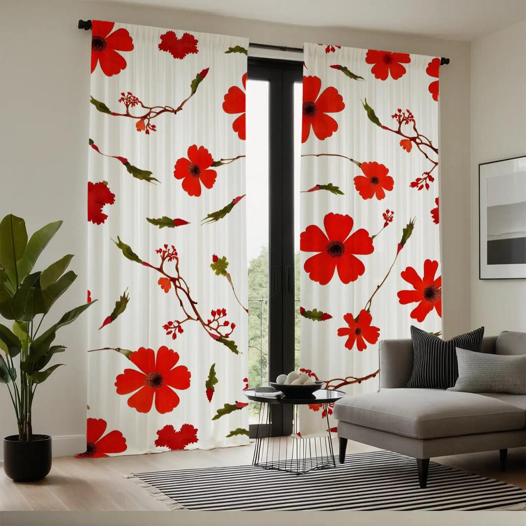 Gorgeous Style Red Floral Print Curtains Polyester Fabric Suitable Bedroom Living Room Decoration Curtain Made Of Washable Ready