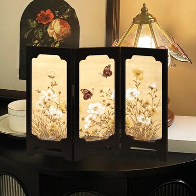 Mini Biombo Floral Rústico de 3 Paneles Divisores de Habitación Estilo Chino Vintage Biombo Plegable de Escritorio Adornos Feng Shui para Mesa de Oficina en Casa