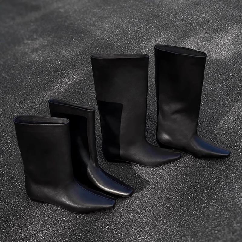 Cowhide version~ autumn and winter new Korean version of simple square head versatile temperament low heel knight boots women's sleeve medium boot