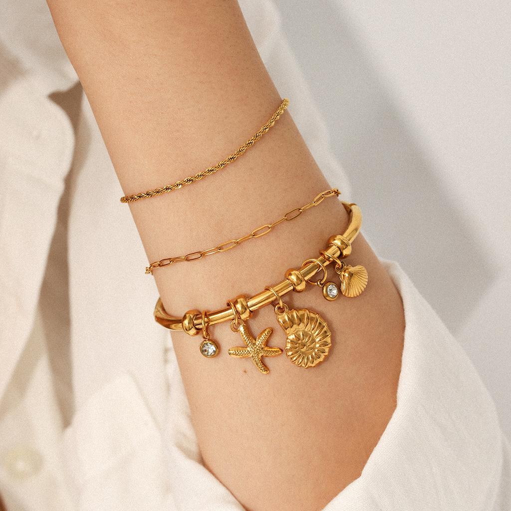 18K Gold Plated Stainless Steel Plain Bangle Starfish Conch Scallop DIY Accessories Titanium Steel Bracelet