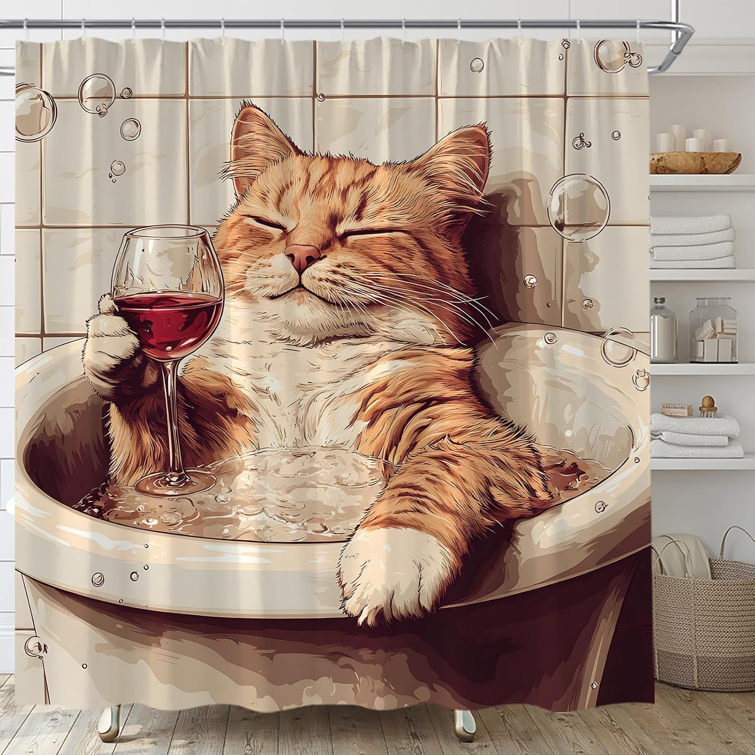 

Cat Shower Curtain Funny Cat Vintage Cute Animal Rustic Pet Bath Bubbles Fabric Bathroom Decor Set with Hooks(70 WX70 H) 90x180CM