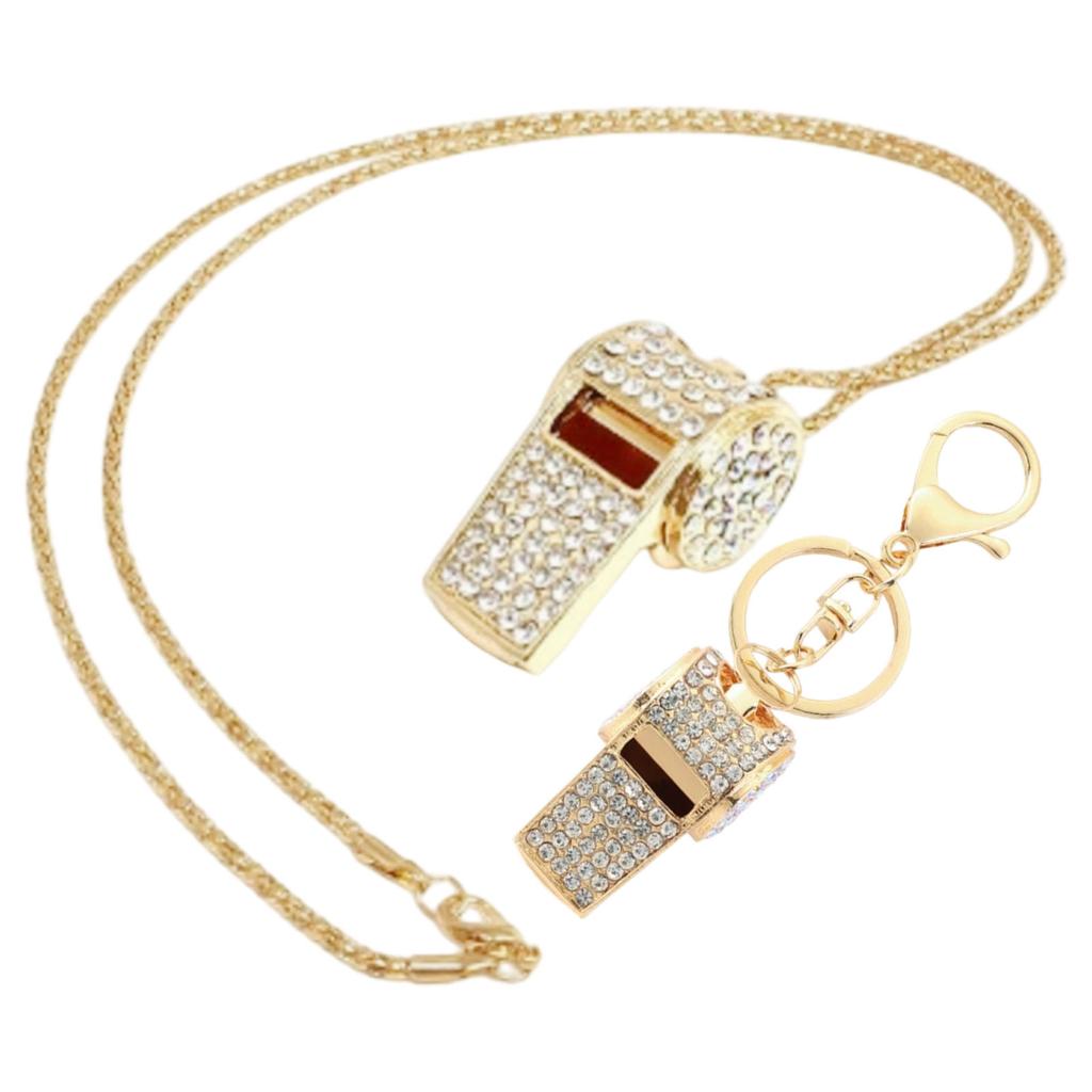 2-Piece Rhinestoned Whistle Keychain and Necklace Set with Zinc Alloy Construction 6 Stylish Color Option for Daily Use