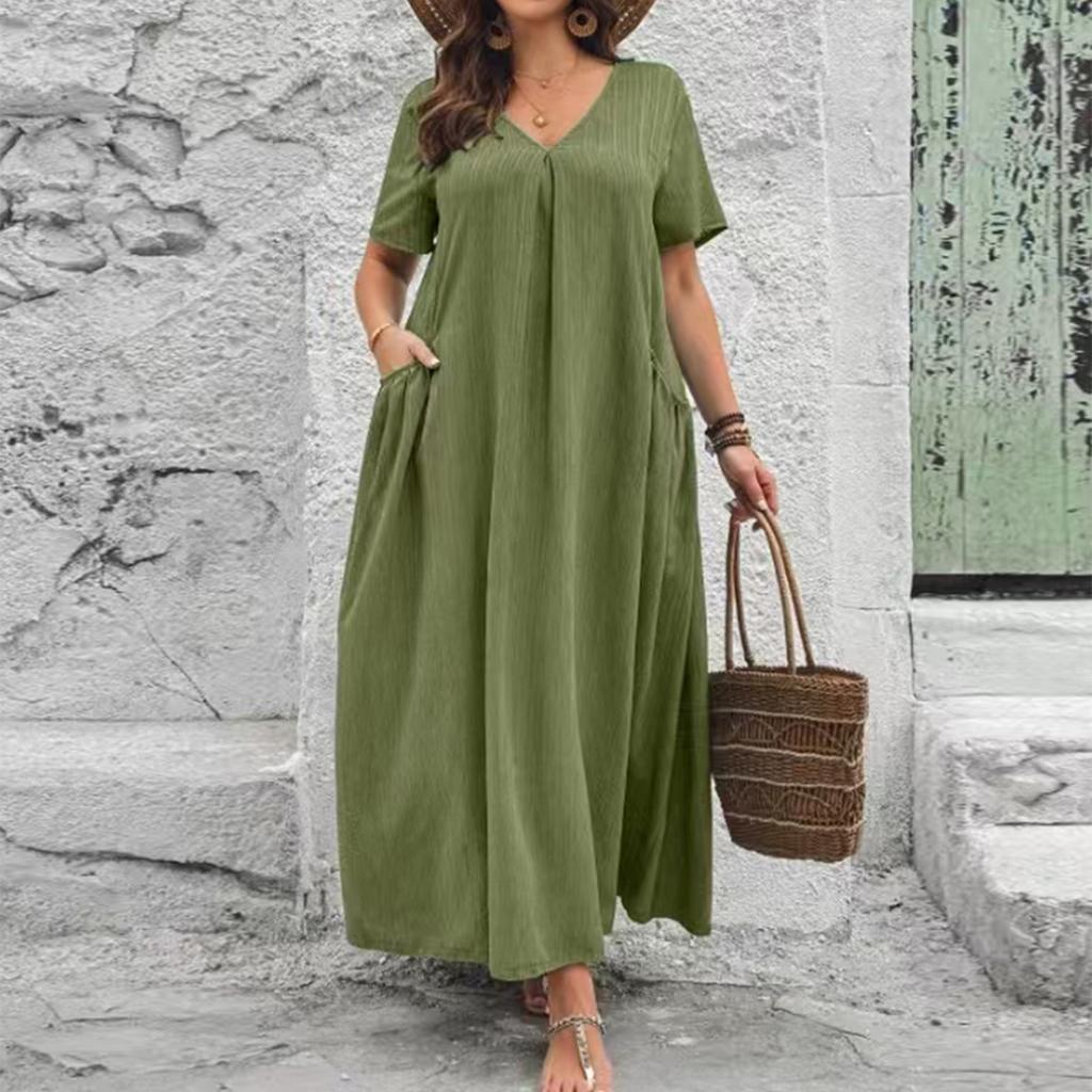 Women's V Neck Short Sleeve Textured Wrinkle Effect Loose Fit Dress with Pockets Casual Comfortable Midi Length