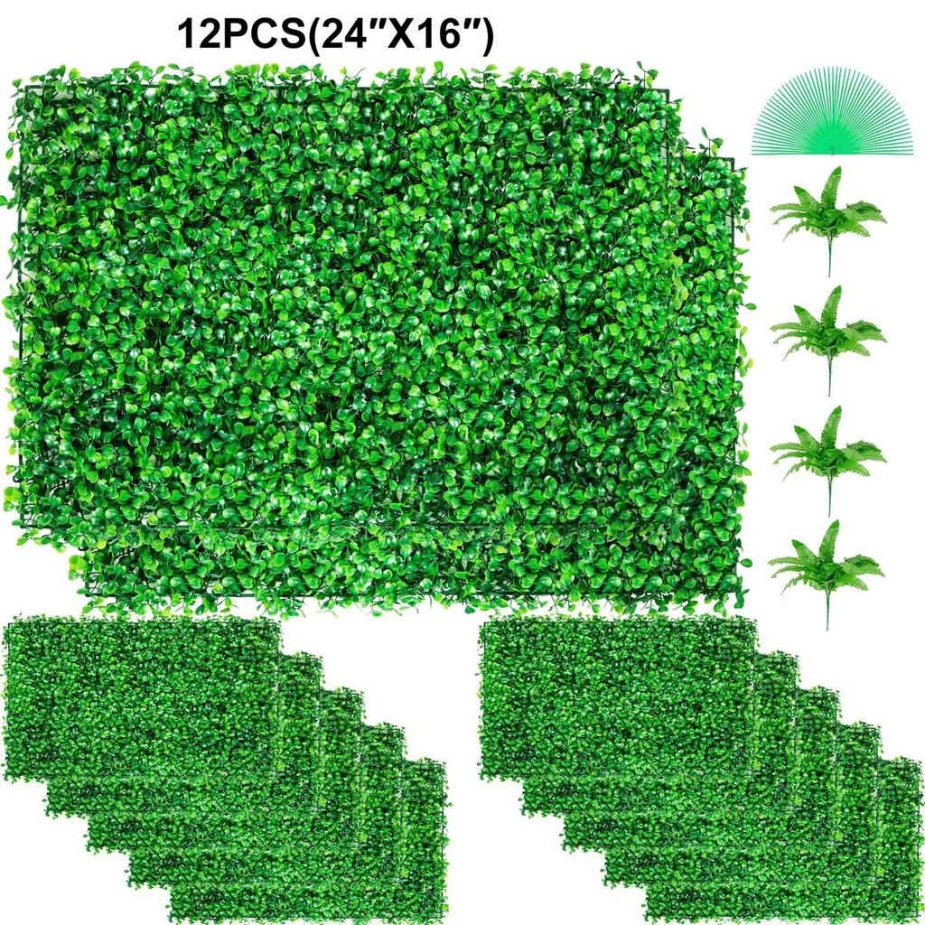 12pcs Artificial Boxwood Panel UV Boxwood Hedge Wall Panels Artificial Grass Backdrop Wall 24X16" 4cm Green Grass Wall Fake Hedge for Decor Privacy