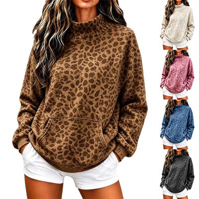 Women's Leopard Print High Neck Pullover Sweatshirt - Loose Fit Long Sleeve Casual Fall Winter Top