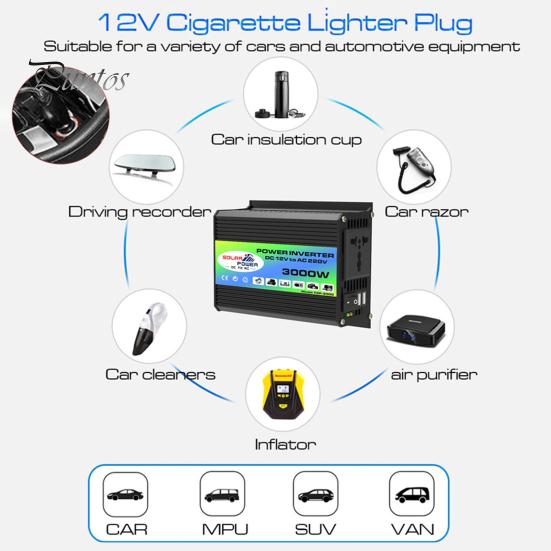 Car Inverter 1 Set Power 3000W Peak Solar Fast Charging Dual USB Ports Auto Equipment Intelligent Transformer Universal DC 12V to AC 220V/110V