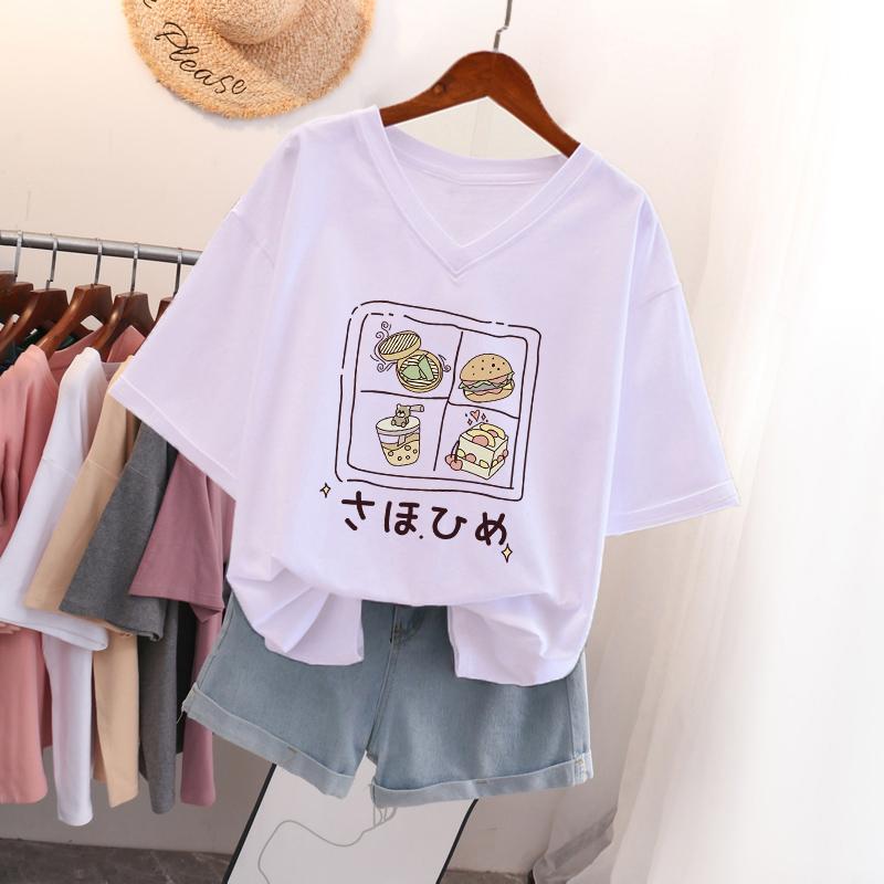 Short-sleeved T-shirt for Women, Large Size, Loose and Slimming, Printed V-neck Top
