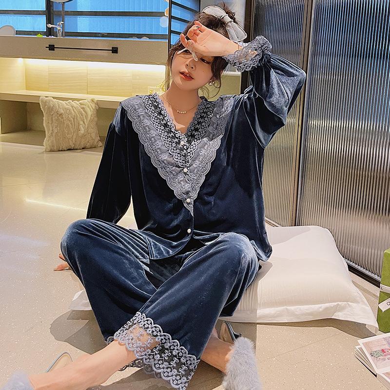 

Милая кружевная отделка пижамы для женщин новый осень зима длинный рукав брючный костюм пижама для женщин свободный повседневный домашний комплект одежды XL серый