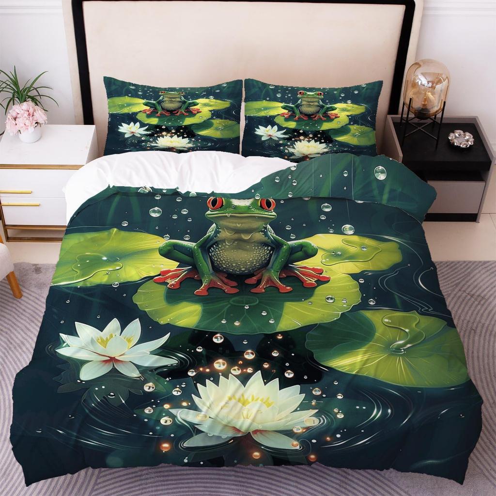 Frog And Lotus Leaf Duvet Cover Sets For Kids Boys Girls Lightweight Quilt Covers Green Animals Themed Bedding Set Bedroom Decor
