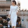 Rochie Midi Bodycon Elegantă pentru Femei, Gât Bărcii, Mânecă Lungă, Decupaj Lateral, Albă, Elegantă, Formală, Petrecere de Cocktail, Oaspete la Nuntă, Rochie de Banchet, Toamnă, Primăvară