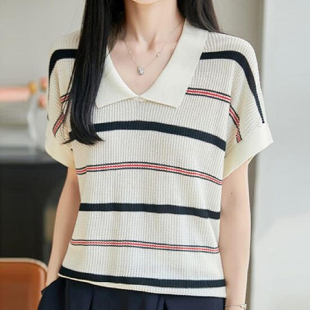 Navava Women Cool STriped Color Block ShorT Sleeve KniT T shirT Nk3683