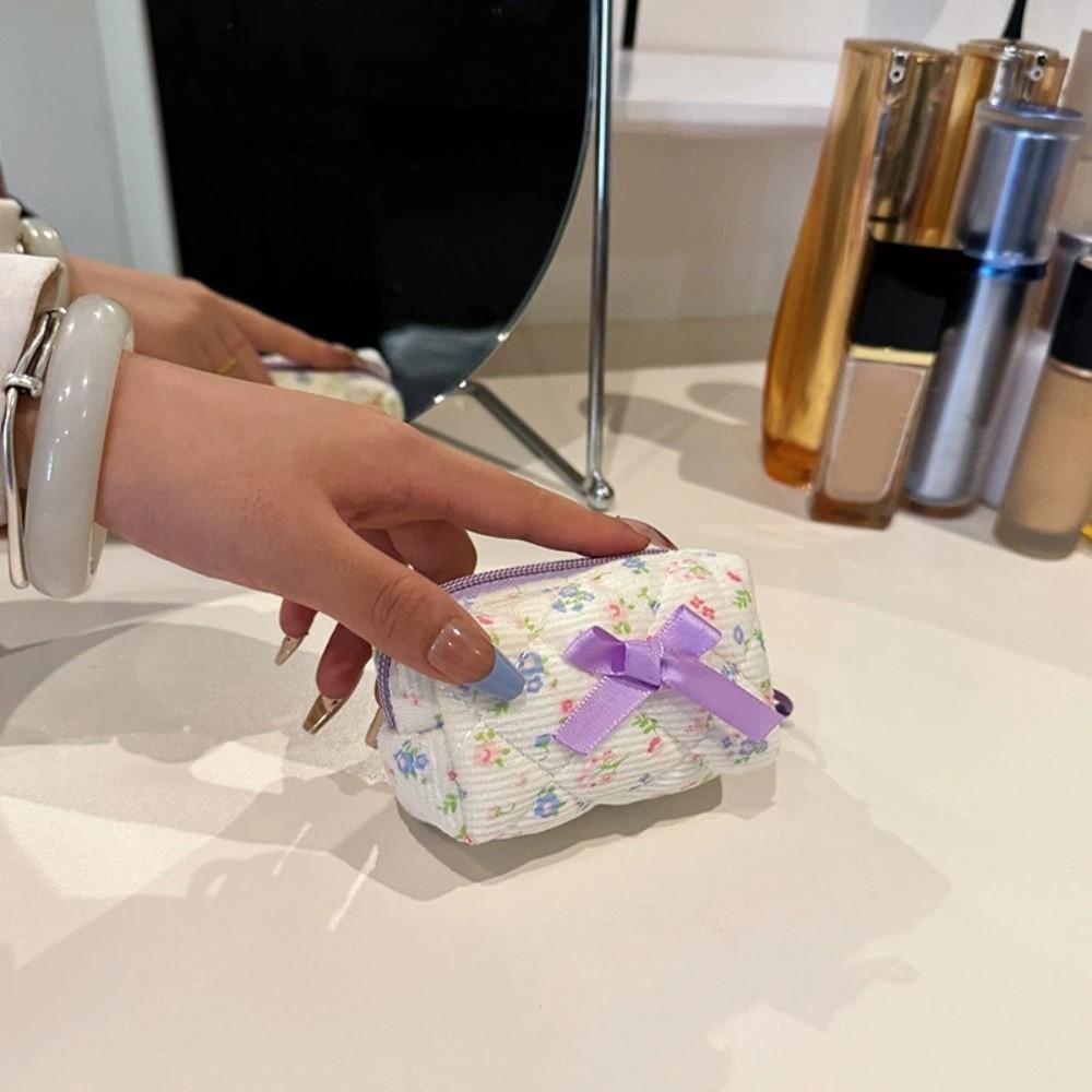 Fashion Bow Pibbon Small Cosmetic Bag Print Flower Zipper Floral Makeup Bag Wallet Pouch Women