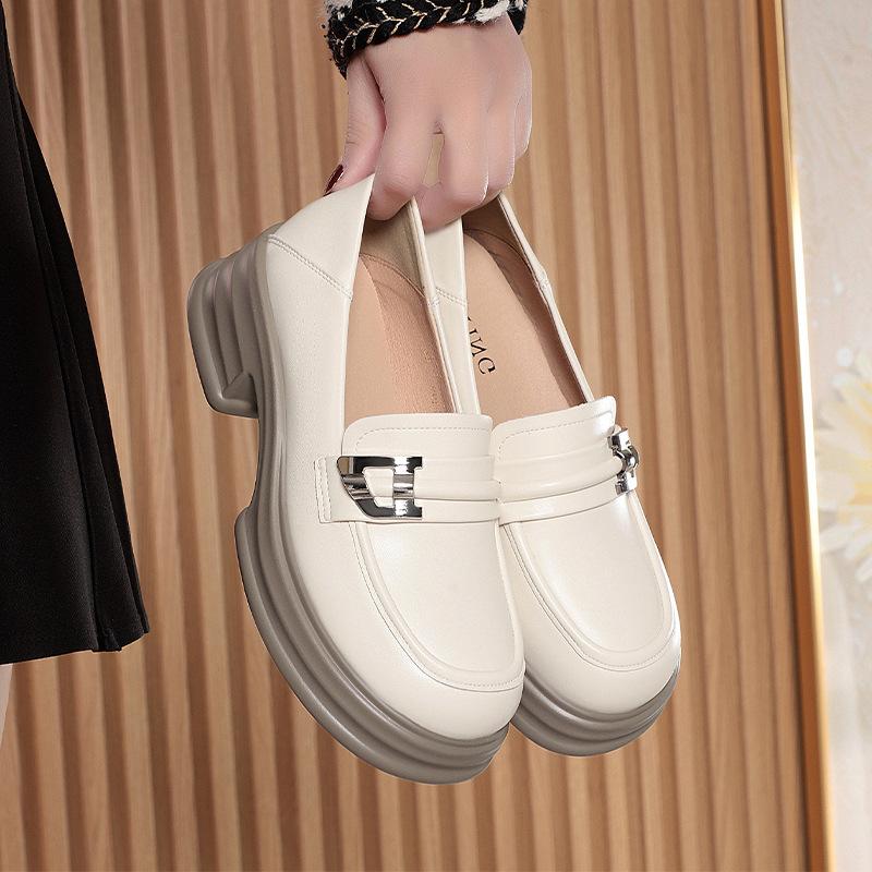 Casual Leather Shoes Spring and Autumn Women's Single Shoes Thick Heel Thick Bottom Round Toe Loafers