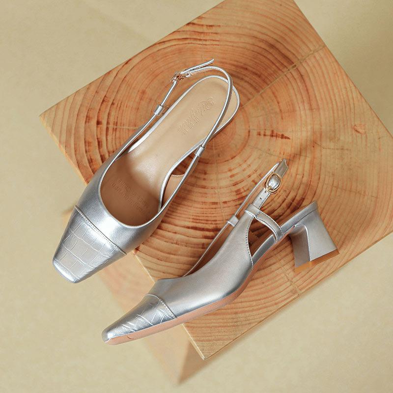 One-word buckle high heels thick heel new bag head sandals women's square head rear air heel single shoes
