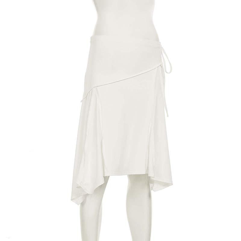 Elegant French White Irregular Half Skirt with Flowing Drape, Side Tie, and Low Waist Design