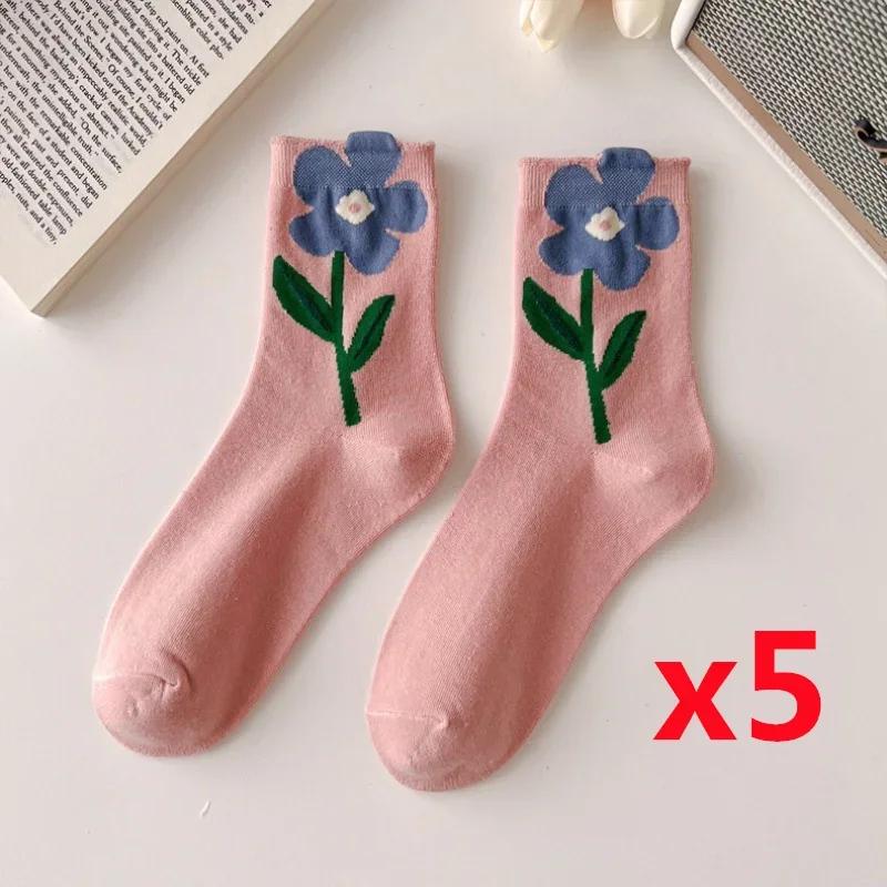 5 Pairs Lot Women Socks Cotton Japanese Korean Style Cute Flower Print Hajuruku Kawaii Floral Breathable Casual Sweet Socks