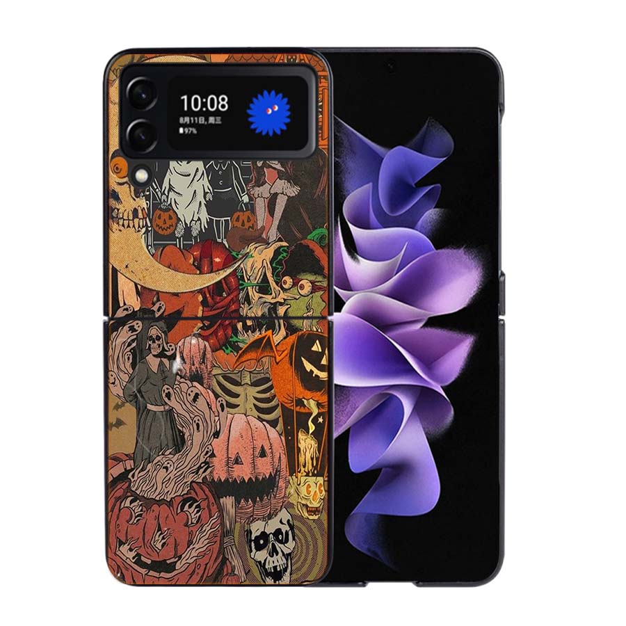 Halloween Herbst Kunst Hexe Katze Handyhülle Für Samsung Z Flip 7 6 5G Galaxy Z Flip4 Z Flip5 Z Flip3 Hülle Schwarze Harte PC Schale Prote