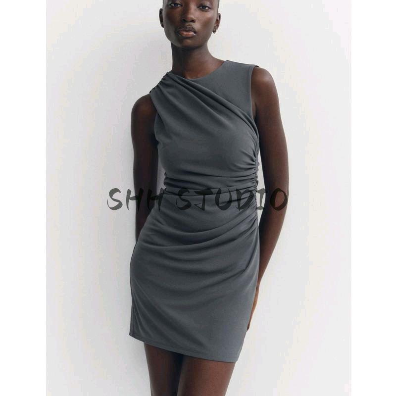 Spring New Women's Clothing French Ruched Silm round Neck Short Sleeveless Dress 3067220 4772350