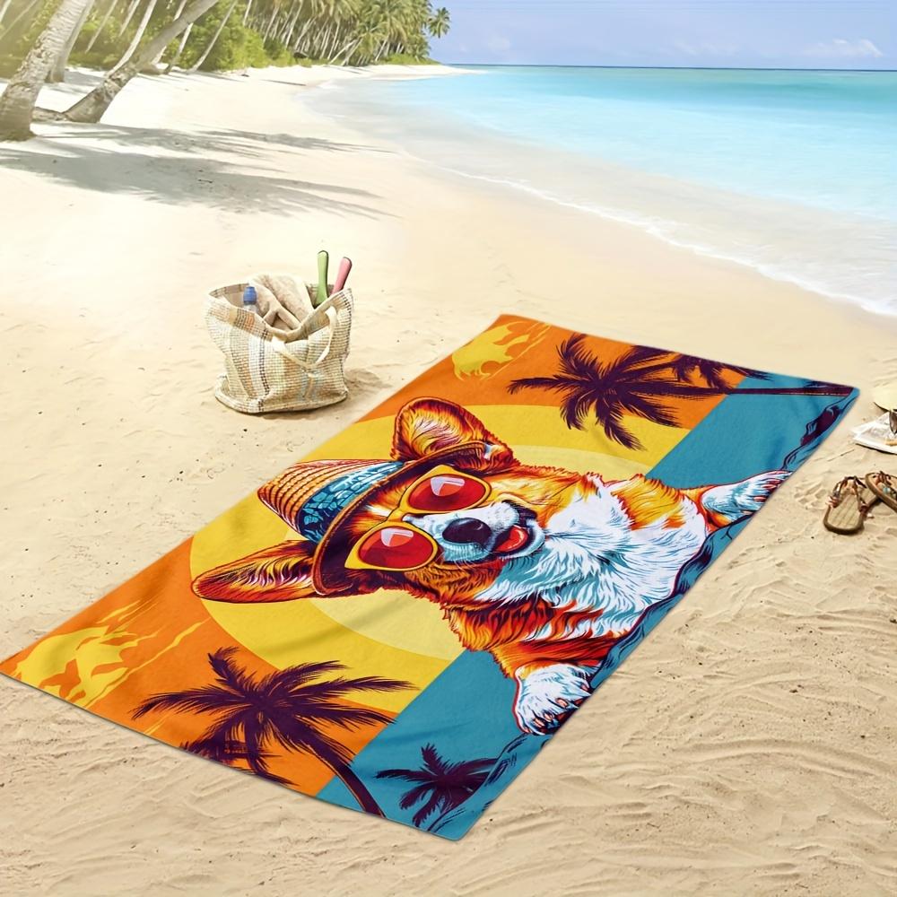 Corgi Beach Towel - Summer Vacation Dog Print, Tropical Sunset & Palm Tree Design, Soft Microfiber, Multiple Sizes